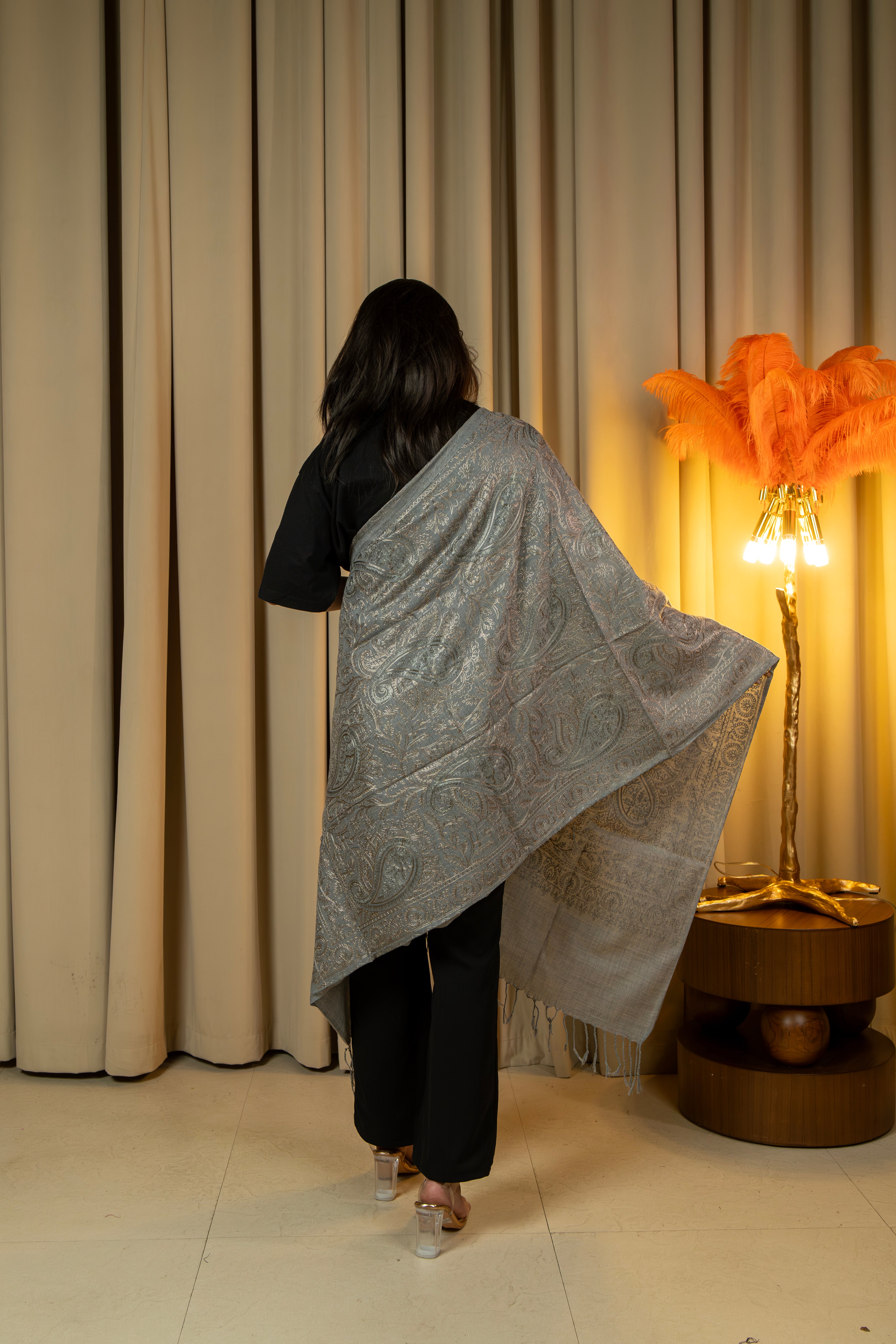 Aari Embroidered Grey Poly Wool Stole For Women